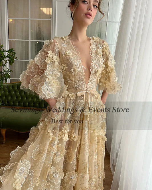Fairy Prom Dress A-Line Deep V-Neck Half Flare Sleeves Ruched 3D Flowers Floor Length Evening Dress robes de soirée