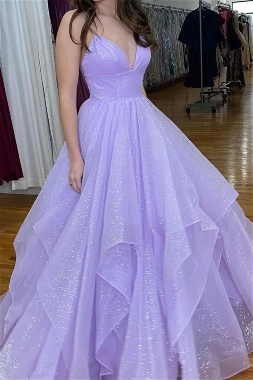 Sweet Purple Prom Dress Shiny Spaghetti Strap Evening Dress