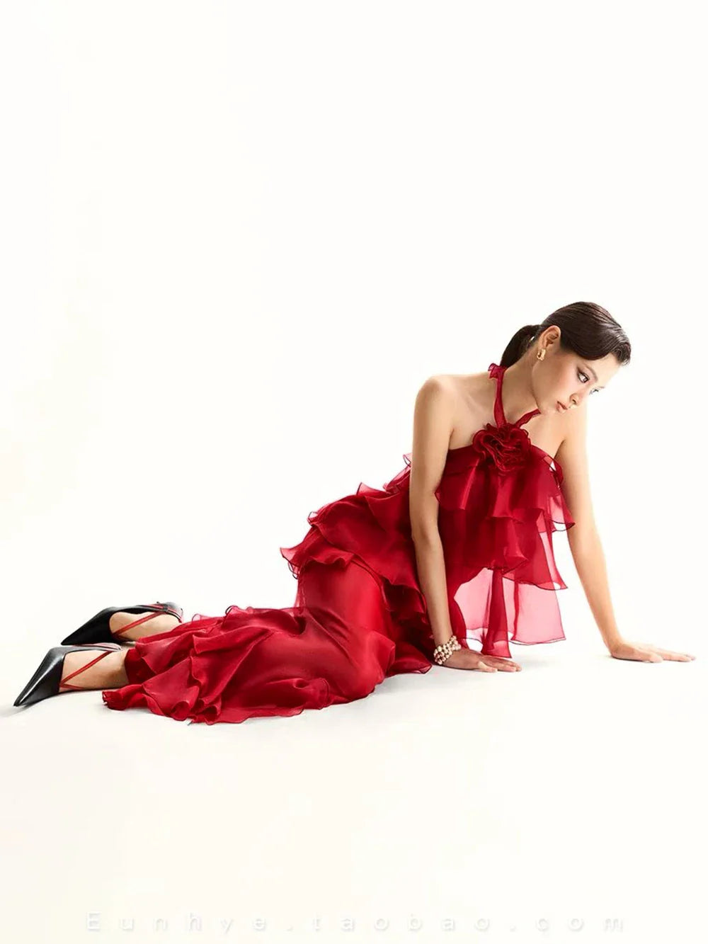 Women Gauze Perspective Irregular Elegant Long Party Dress Ruffles Sleeveless Fashion Tide Summer 2025
