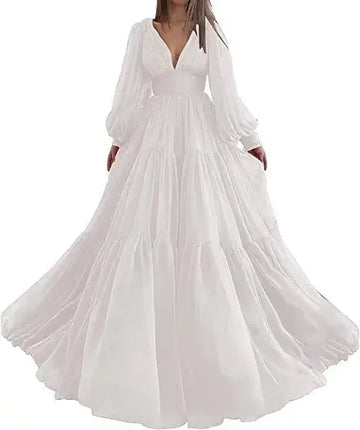 Chiffon Long Puff Sleeve V-Neck Pleated Prom Dress Plus Size Evening Gown Ivory