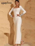 Elegant Women's Light Luxury Nail Bead Design Bandage Dress Square Neck Long Sleeve Bodycon Long Dress Dinner Party Vestido WHITE