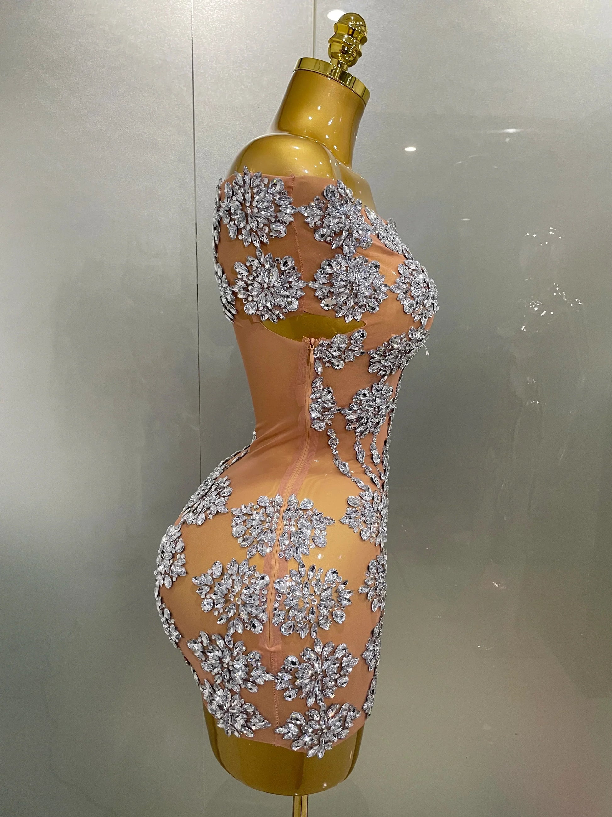 Luxury Sparkly Rhinestone Mesh Mini Dress Women Sexy Nightclub Party Dance Performance Costume Singer Dancer Show Stage Wear