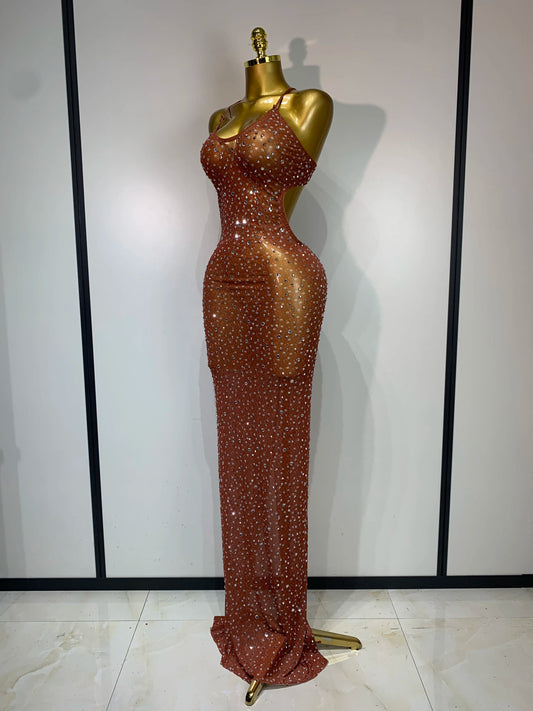 Women Sexy Backless Rhinestones Mesh Stretch See Through Maxi Dress Luxury Birthday Performance Singer Stage Costume Vestido