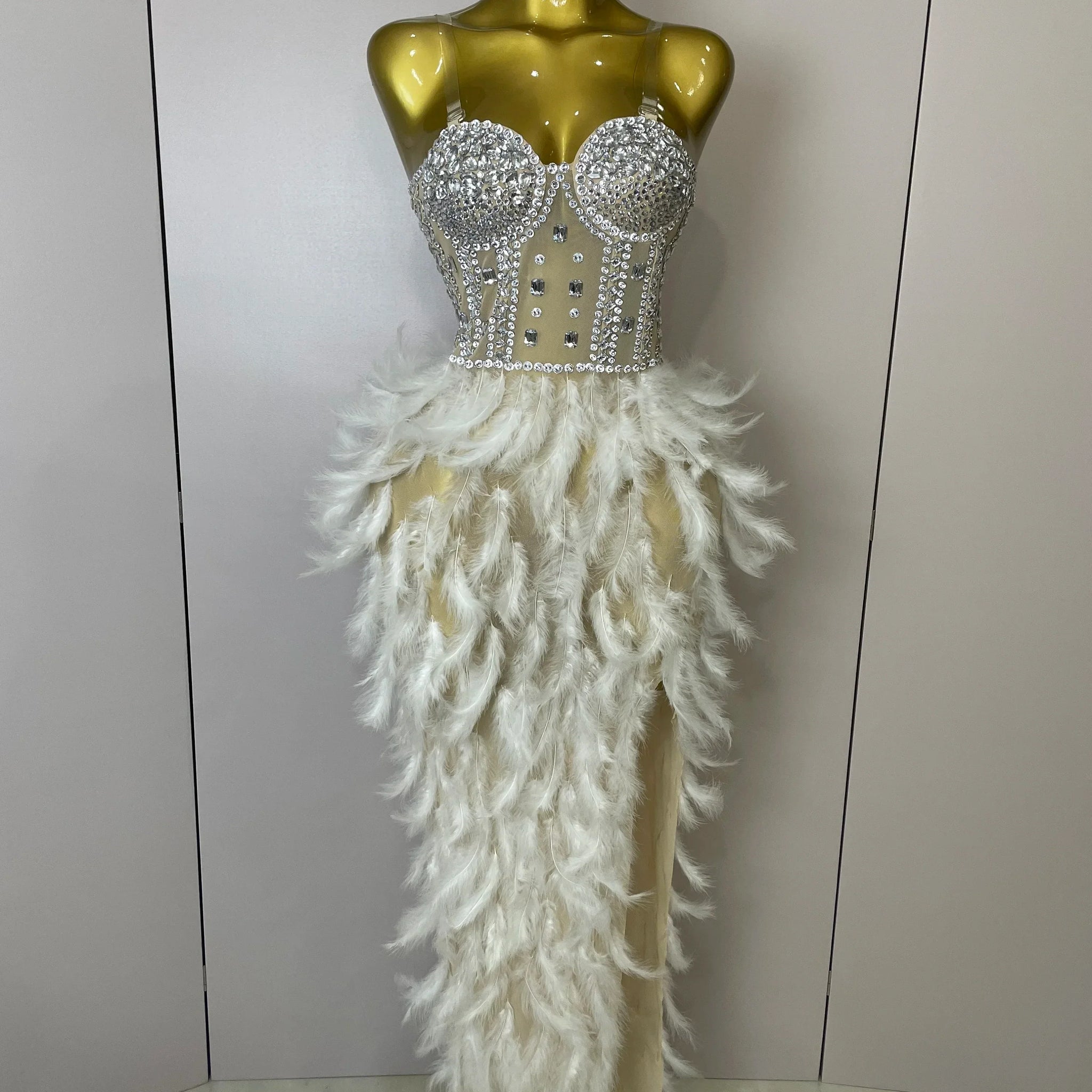 Women Sexy Sparkly Rhinestone Mesh Feather Long Dress Elegant Evening Party Celebrate Birthday Performance Costume WHITE