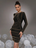 Elegant Women's Light Luxury Rivet Design Bandage Dress O-neck Long Sleeve Bodycon Black Mini Dress Evening Party Vestidos