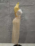 Women Sexy Strapless Shinning Crystal 2 Pieces Bodycon Mid-calf Dress Celebrate Bar Singer Performance Stage Wear