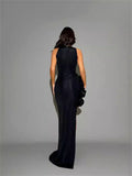 Stereoscopic Flowers Buttons Sexy High slit Ankle Sleeveless Lenght Bandage Dress Woman Evening Party Dress Party Vestido