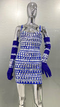 Women Luxury Sexy Crystal Beading Women Sleeveless Sexy Bodycon Mini Dress Gloves Nightclub Party Celebrate Birthday Dress Blue