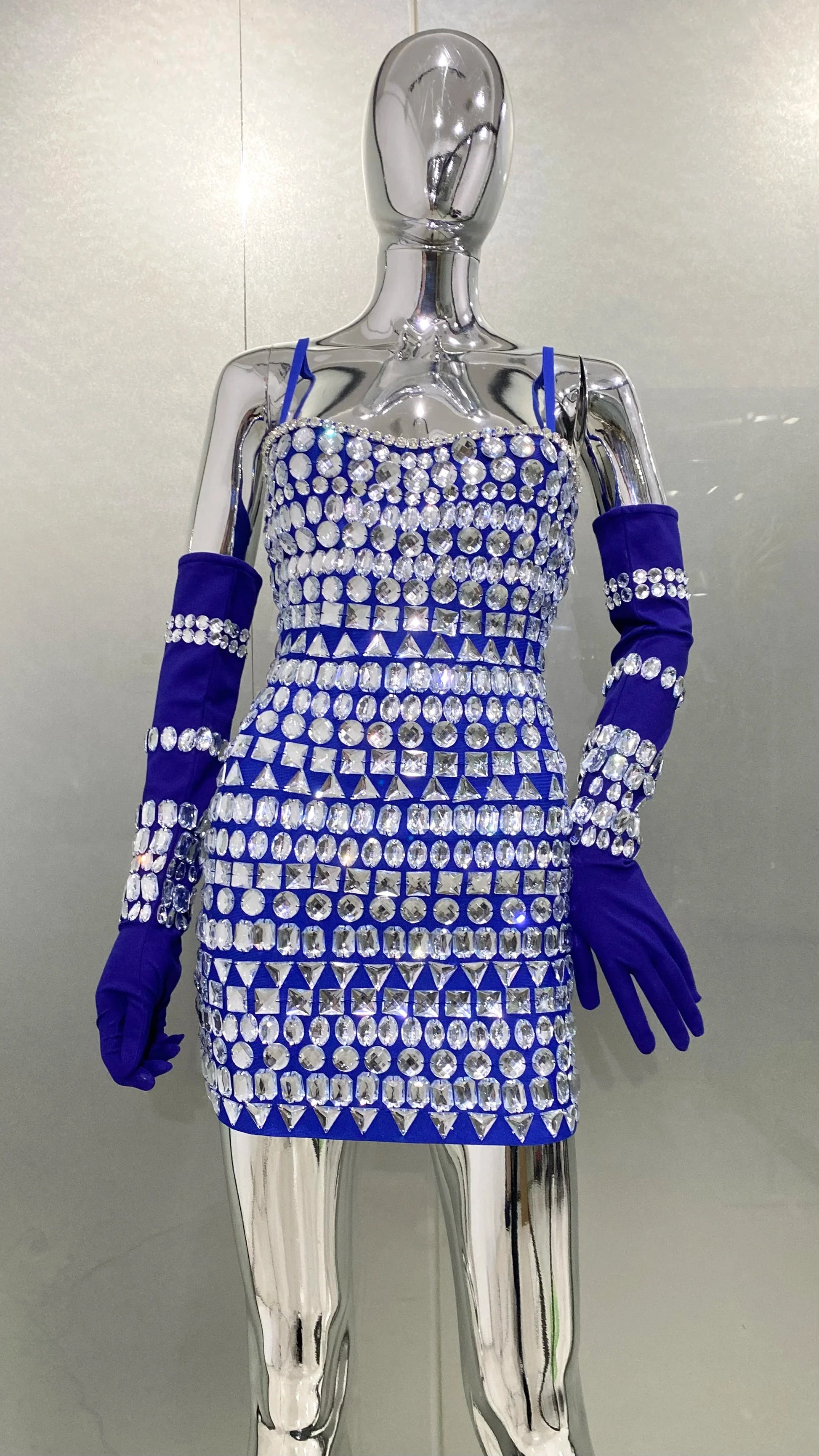 Women Luxury Sexy Crystal Beading Women Sleeveless Sexy Bodycon Mini Dress Gloves Nightclub Party Celebrate Birthday Dress Blue