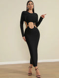 Spring Women's Open Waist Design Black Bandage Dresses O-Neck Long Sleeve Bodycon Long Dress Evening Club Party Vestidos