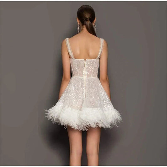 Amanda Glitter Mini Vestido De Novia Sexy Feather Train Ball Gown Prom Gown Shiny Short Prom Dress Flashing فستان سهرة