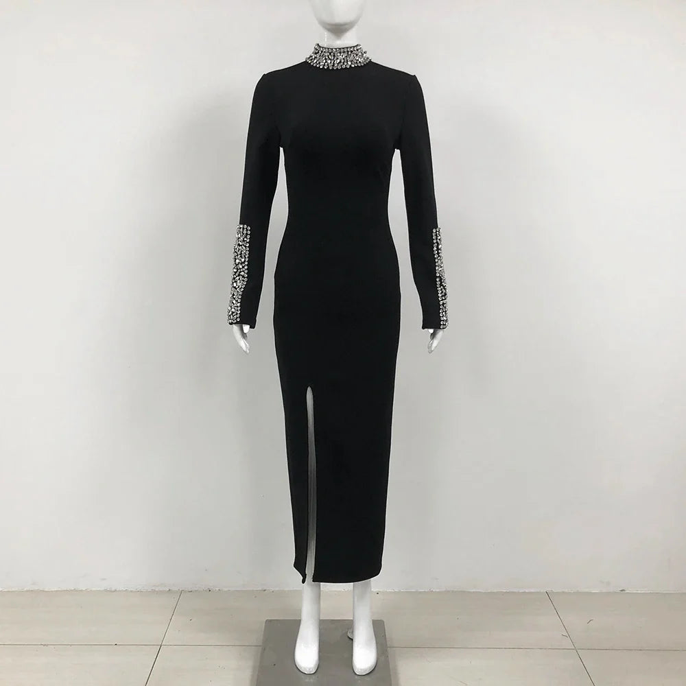 Red Black Color Women Long Sleeve Shinning Crystal Bodycon Long Bandage Dress Elegant Celebrate Evening Party Cocktail Dress