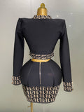 Trendy Black Long Sleeves Two Pieces Bandage Set Button Top Short Skirt Suit Evening Party Women's Outfit Nightclub Wear