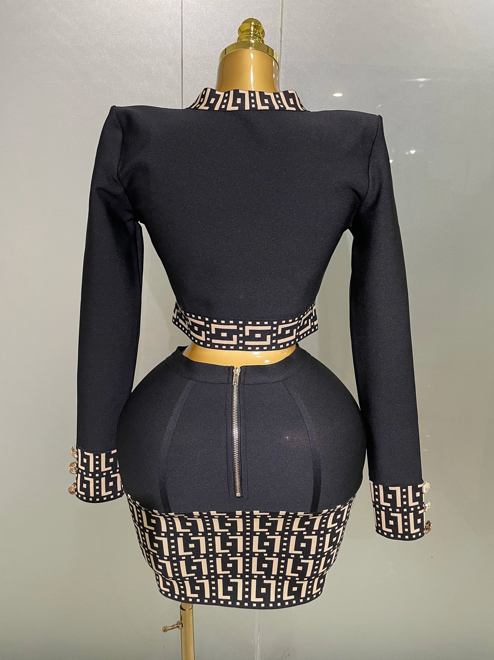 Trendy Black Long Sleeves Two Pieces Bandage Set Button Top Short Skirt Suit Evening Party Women's Outfit Nightclub Wear