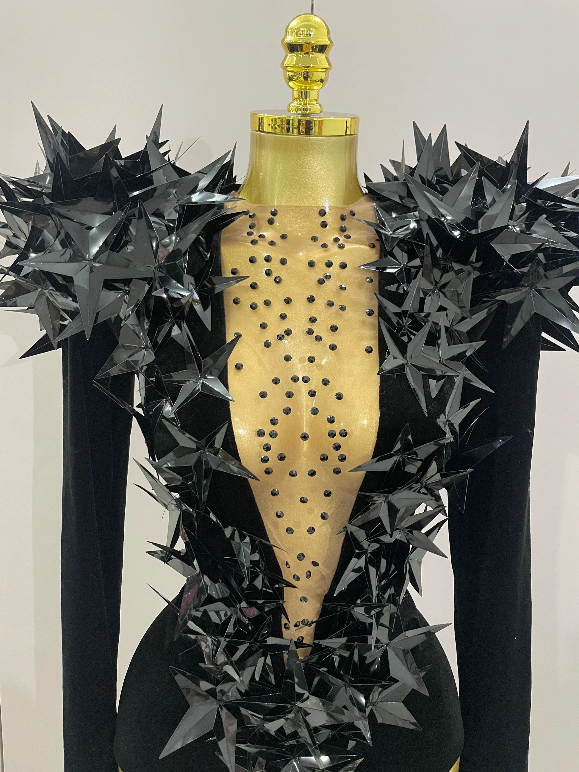 Shiny Black Rhinestone Velvet Long Sleeve Bodysuit Women Evening Party Club Gala Hosts NightClub Bar Stage Costumes