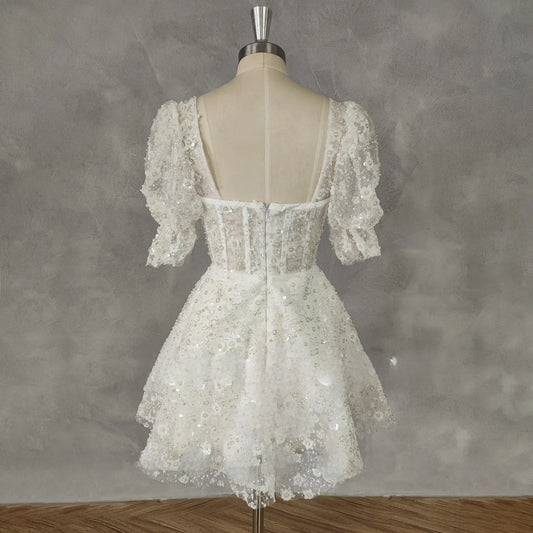 Puffhylsor Square-Neck Applique Tulle Mini Wedding Dress for Women A-line dragkedja tillbaka kort över knäanpassad gjord