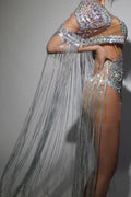 Shinning Sequins Women Sexy mesh See Through Cloak Sleeve Sexy Bodycon Mini Dress Nightclub Party Bar Singer Performance Costume
