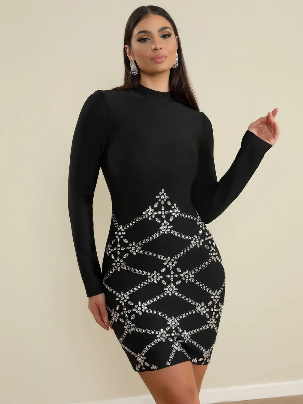 Spring Elegant Women's Bandage Dress Stand Collar Long Sleeve Light Luxury Hot Diamond Bodycon Dress Club Party Vestidos black