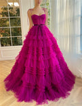 Sexy Spaghetti Strap Fuchsia فساتين السهرة Multilayer Tulle A-line Prom Dress Princess Puffy Vestidos De Noche