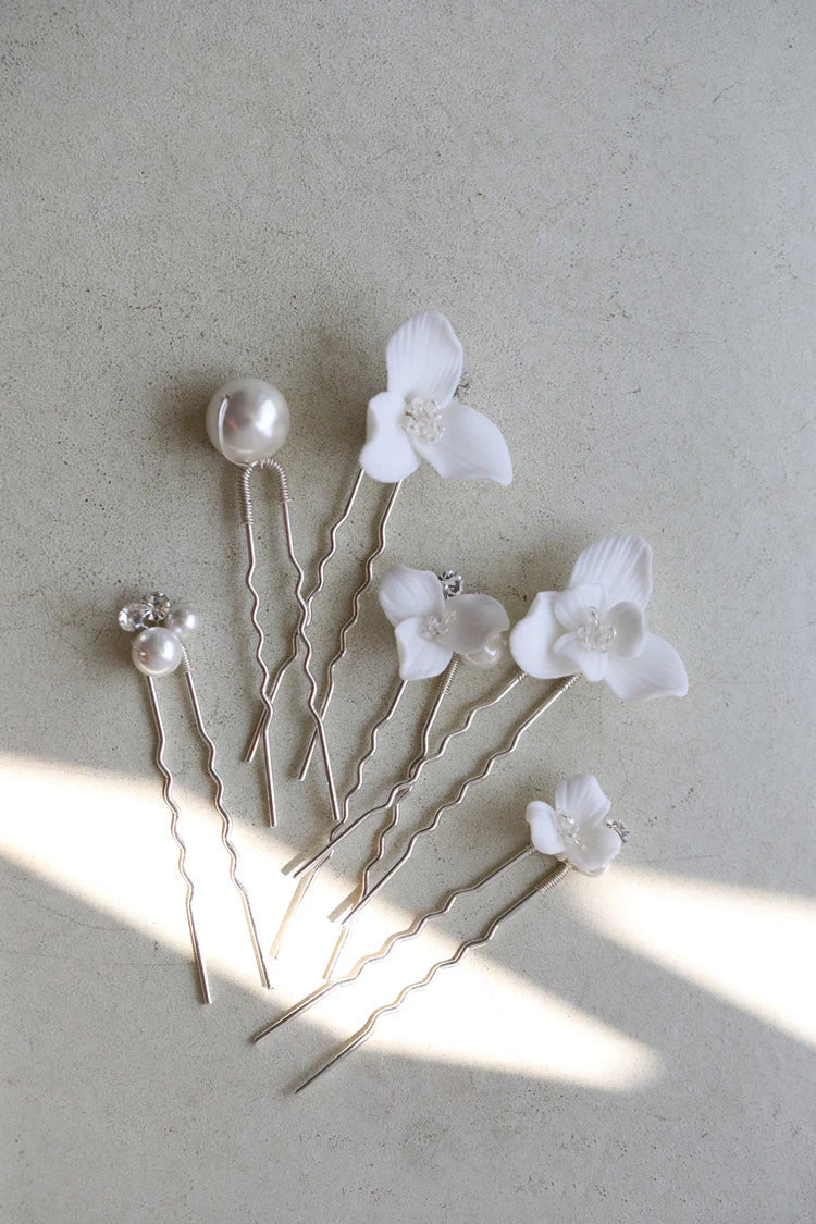 Porcelain Flower Hairpin Gold Silver Color Hair Pin Clip Women Bride Crystal Pearl Head Piece Bridal Jewelry Wedding Accessories silver color