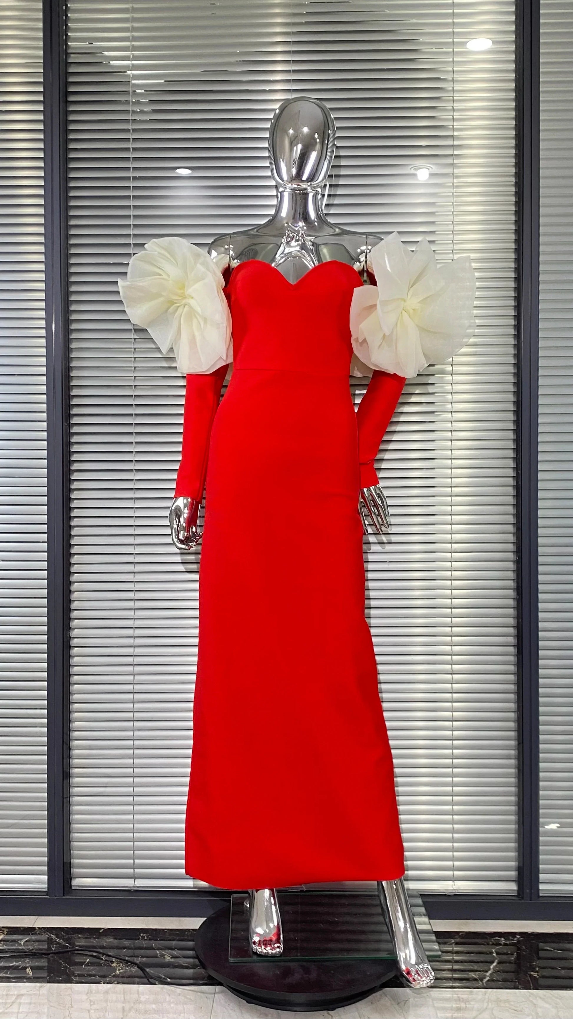 Stereoscopic Flower Sexy Off The Shoulder Ankle Lenght Bandage Dress Woman Birthday Party Vestido Celebrity Party Outfit Red Flower