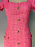Elegant Women's Small Fragrant Dress Square Neck Short Sleeve Button Design Bodycon Mini Dress Evening Party Vestidos