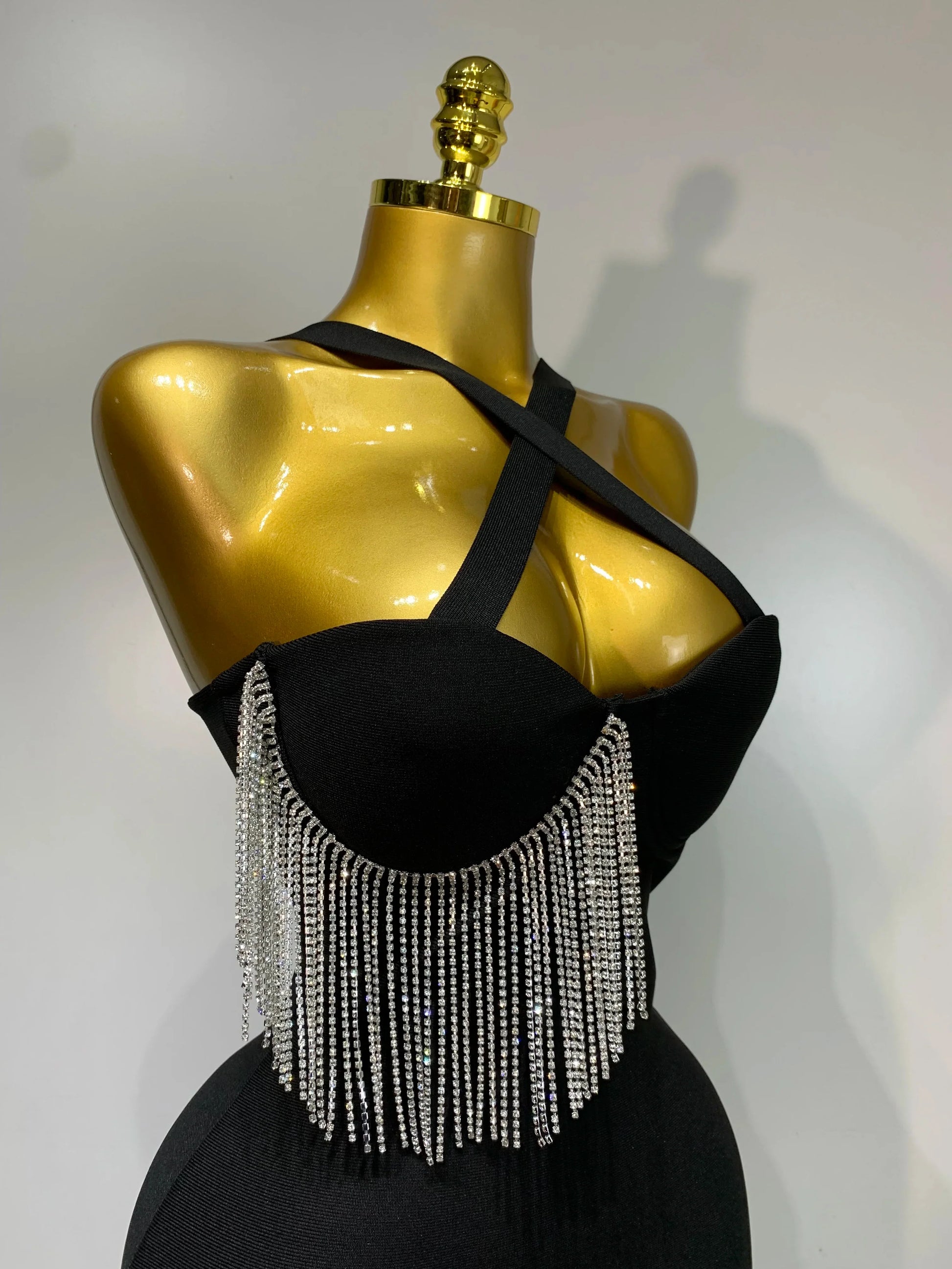 Women Sexy Diamonds Tassel Crystal Midi Black Bodycon Bandage Dress Elegant Evening Party Luxury Birthday Dresses Vestido