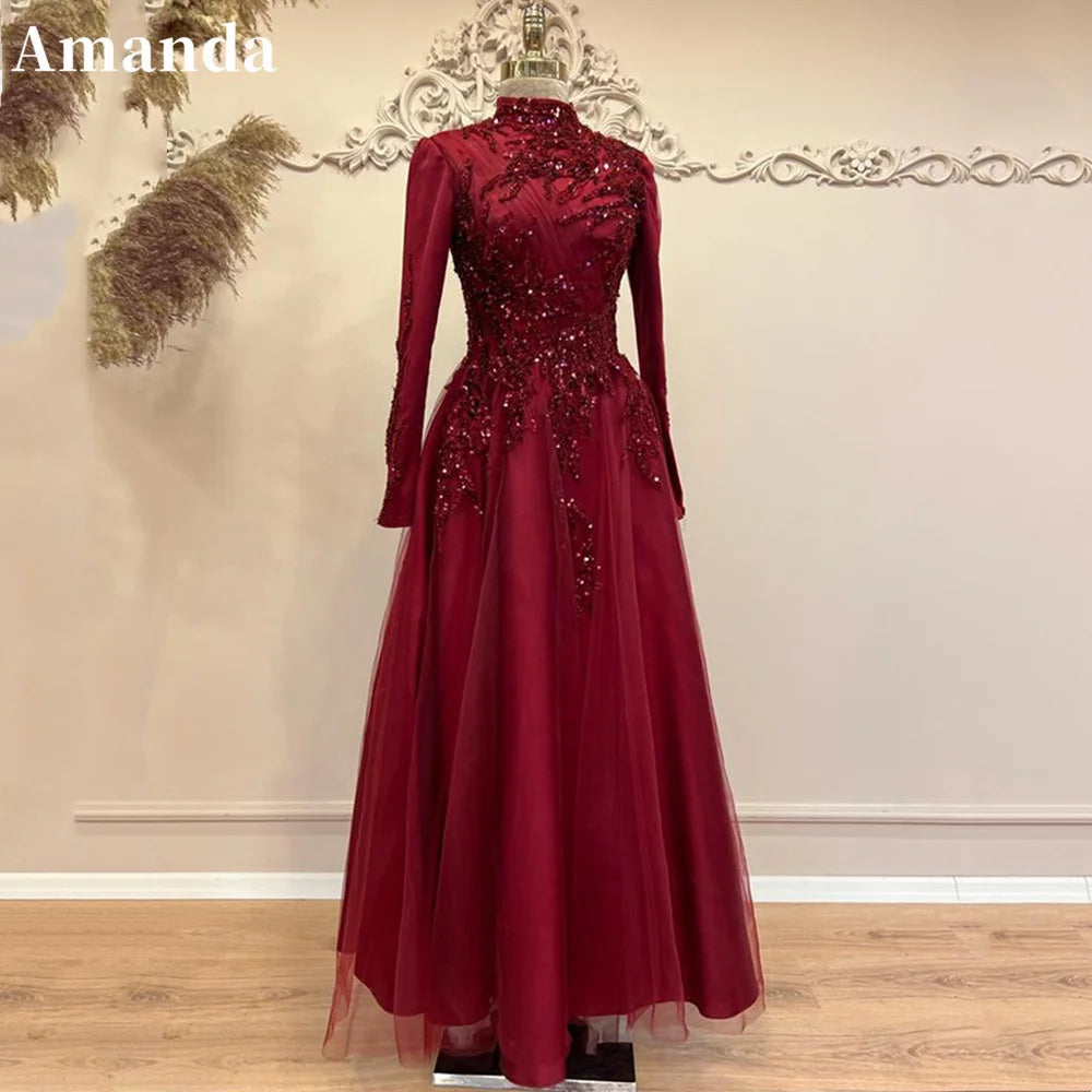 Elegant High Neck Prom Dress Sequins A-line Evening Dress Beading Embroid Party Dress Modest فساتين مناسبة رسمية Burgundy