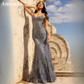 Grey Sequins فساتين السهرة Mermaid Prom Dress Luxury Lace Embroid Trumpet Vestidos De Noche Sexy فساتين مناسبة رسمية