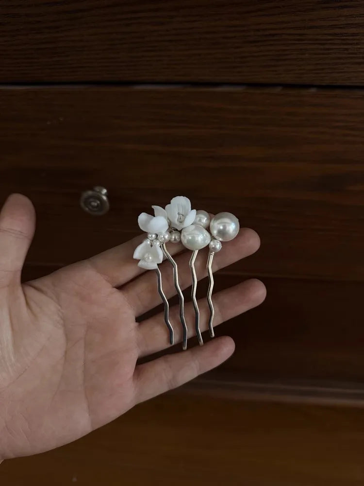 Bridal Jewelry Porcelain Flower Hair Comb Pin Pearl Hairpin For Brides Bridesmaids Silver Color Head Pieces Wedding Accessories