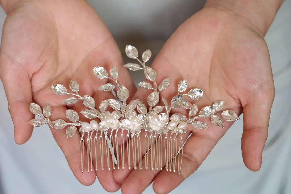 Silver Color Leaf Hair Comb Pin Clip Freshwater Pearl Hairpin For Brides Women Head Pieces Wedding Accessories Bridal Jewelry
