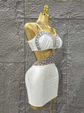 White Color Women Sleeveless Sexy Shinning Diamond Bodycon Mini Dress Birthday Party Celebrate Nightclub Outfit Vestido