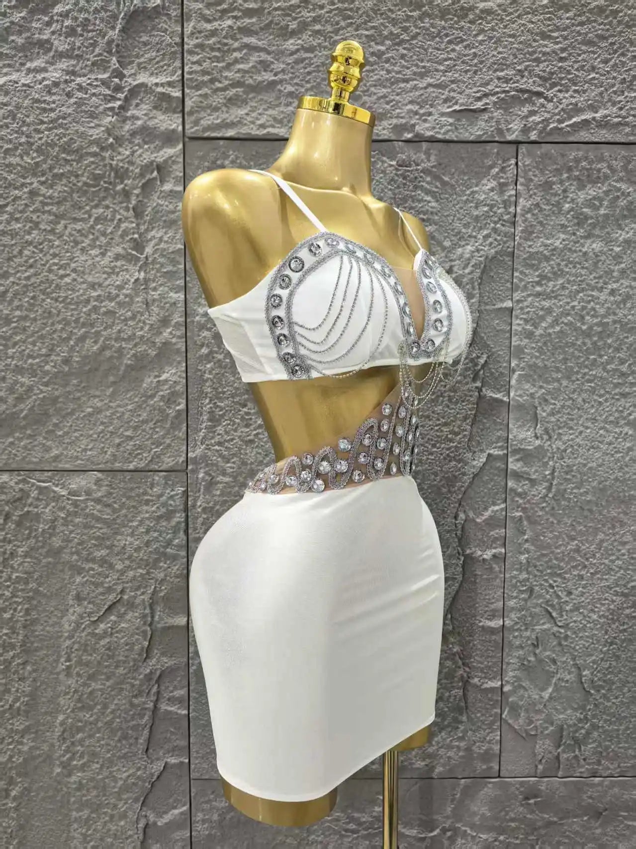 White Color Women Sleeveless Sexy Shinning Diamond Bodycon Mini Dress Birthday Party Celebrate Nightclub Outfit Vestido