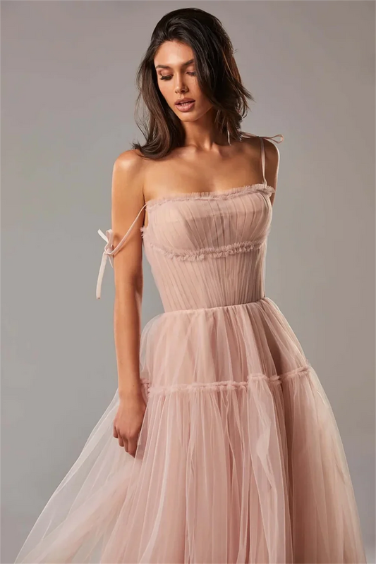 Sweet Spaghetti Strap Vestido De Novia Ocean Wave Tie-straps Evening Dress Princess Pink A-line Prom Dress