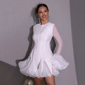 Solid Spliced Button Slimming Mini Dresses For Women O Neck Long Sleeve High Waist Patchwork Ruffles Female Fashion New 2025 WHITE