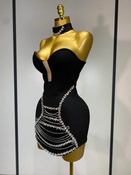 Sparkly Rhinestones Chain Bodycon Strapless Mini Bandage Dress Women Backless Luxury Birthday Evening Party Club Dresses
