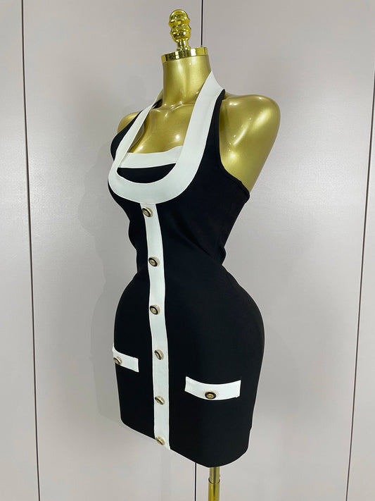 Sexy Backless Halter Button Bodycon Black Mini Bandage Dress Women Celebrity Elegant Evening Club Party Outfit