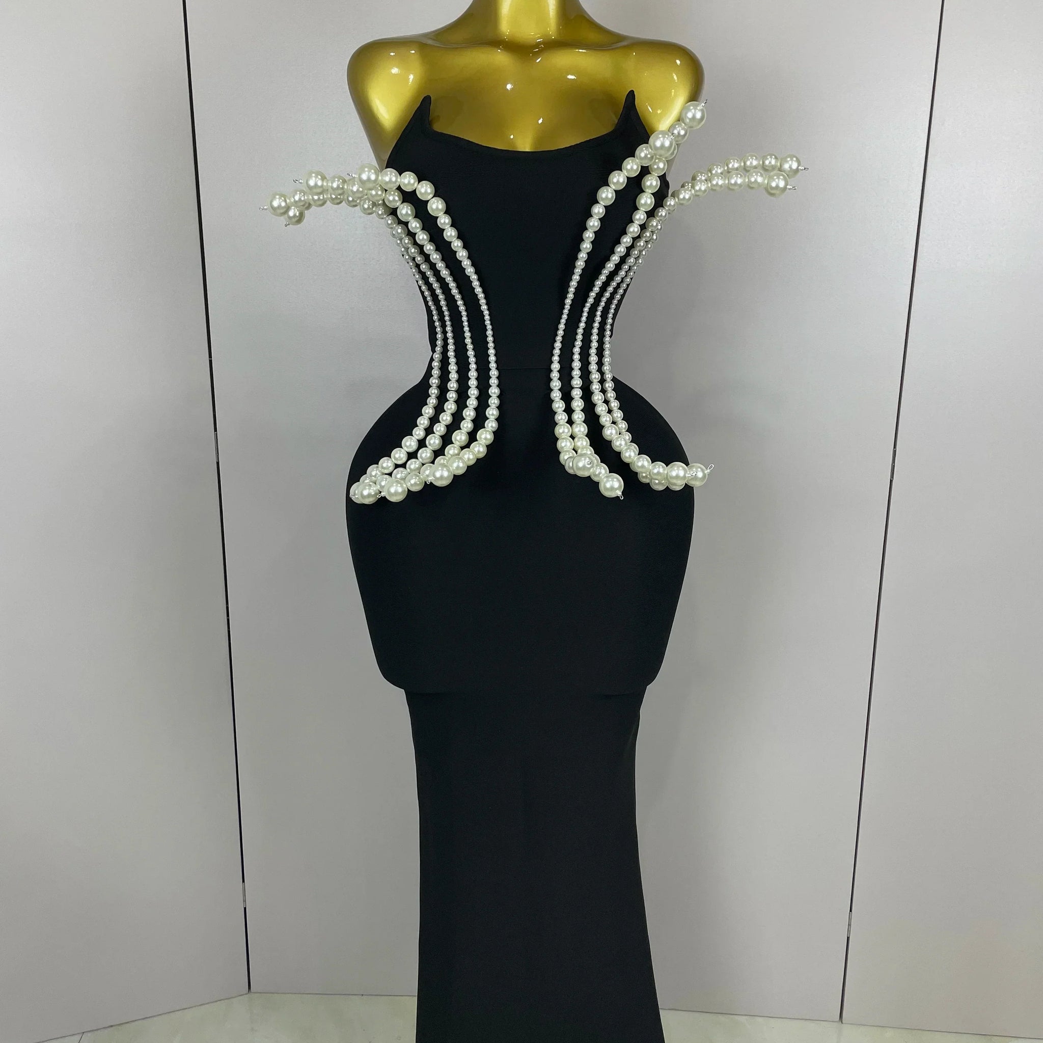Sexy Strapless Pearl Beading Bodycon Long Bandage Dress Women Fashion Elegant Evening Party Luxury Birthday Dresses black