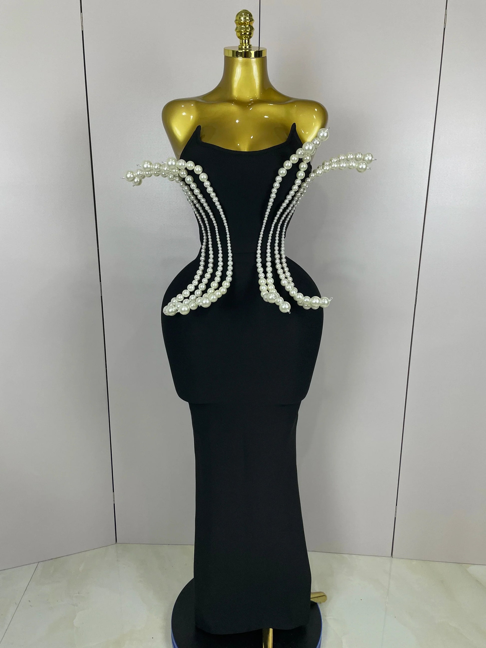 Sexy Strapless Pearl Beading Bodycon Long Bandage Dress Women Fashion Elegant Evening Party Luxury Birthday Dresses black