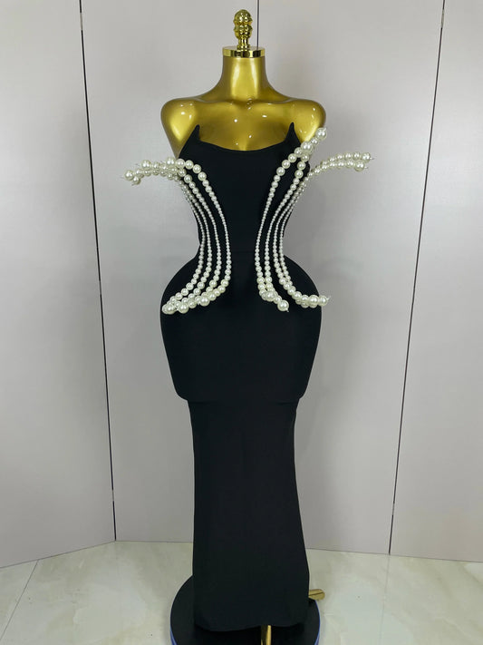 Sexy Strapless Pearl Beading Bodycon Long Bandage Dress Women Fashion Elegant Evening Party Luxury Birthday Dresses black