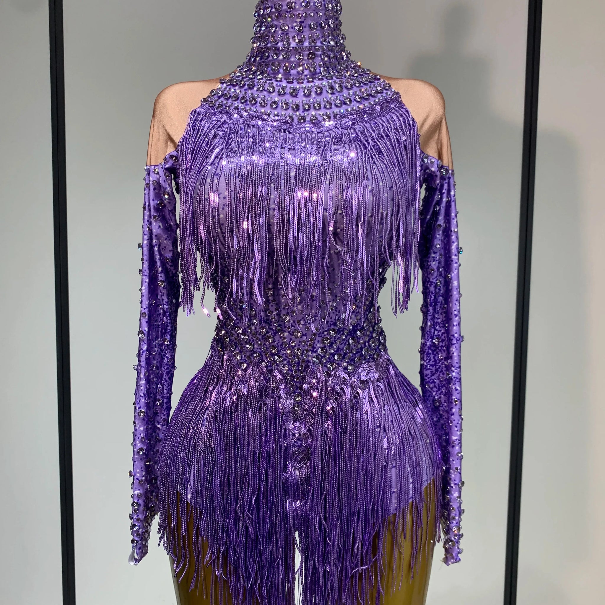 Women Sexy Purple Red Stretchy Long Sleeve Bodysuit Nightclub Singer Dancer Tassel Stage Costume Evening Party Birthday Outfit PURPLE