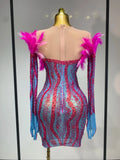 Women Sexy Mesh See Through Diamond Feather Dress Elegant Evening Party Luxury Birthday Nightclub Performance Stage Costume