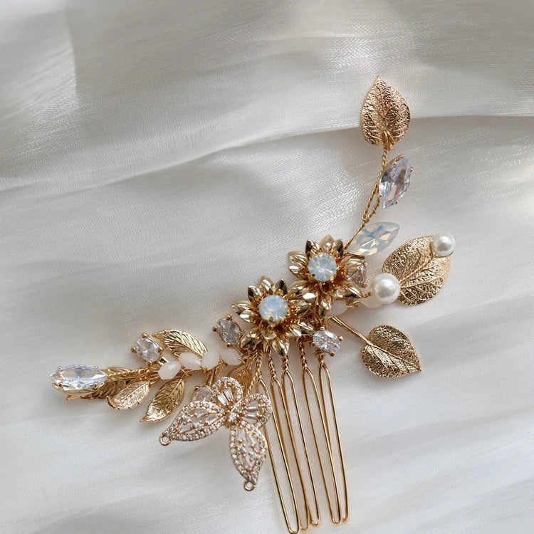 Opal Rhinestones Crystal Hair Comb Pin Clip Gold Color Head Piece Brides Flower Leaf Hairpins Wedding Accessories Bridal Jewelry 166
