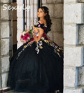 Black Quinceanera Dresses Charro Mexican Coloful Flowers Vestidos De 15 Años Quinceañeras Elegant Birthday Party Gown Customized