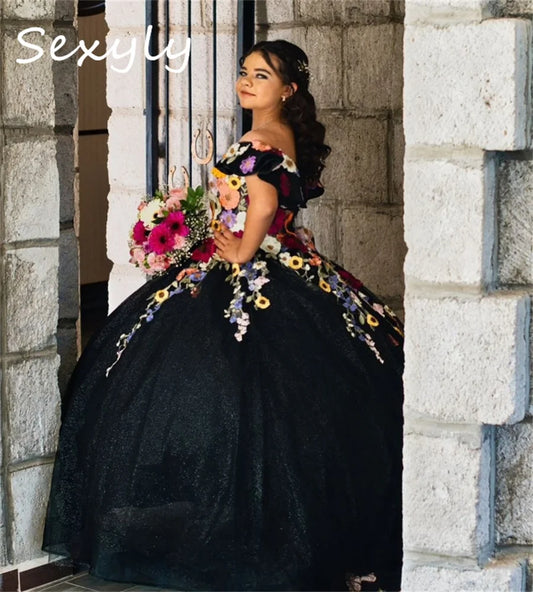 Black Quinceanera Dresses Charro Mexican Coloful Flowers Vestidos De 15 Años Quinceañeras Elegant Birthday Party Gown Customized