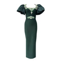 Women Short Puff Sleeve Sexy Square Collar Shinning Crystal Bodycon Long Bandage Dress Celebrate Evening Party Birthday Outfit green
