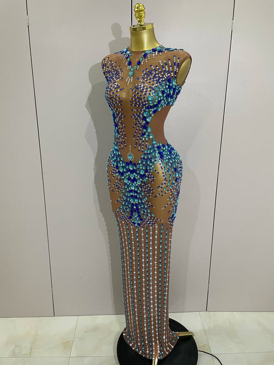 Luxury Sparkly Rhinestones Nude Sexy Mesh Maxi Dress Women Evening Birthday Party Elegant Gown Show Red carpet Stage Costume