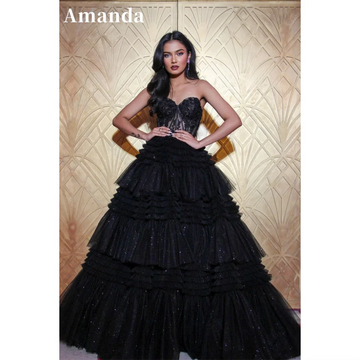 Amanda Black Lace Multilayer Prom Dress 2024 Elegant A-line Vestidos De Fiesta Sexy Sleeveless Tulle Shiny Evening Prom Dresses