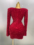 Sexy Shiny Red Sequins Rhinestones Sheath Mini Dress Women Evening Birthday Party Nightclub Stage Performance Costume
