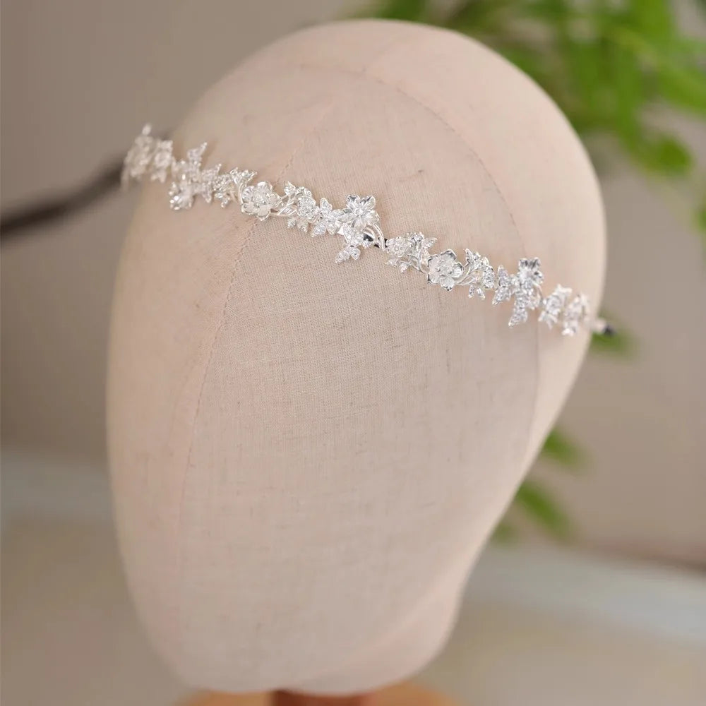 Flower Headband Hairband Tiara Silver Color Headpiece For Bride Zircon Headwear Crown Bridal Hair Jewelry Wedding Accessories